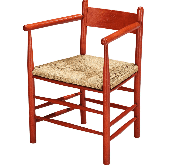 A rustic, red-stained wooden armchair with a woven rush seat. It features simple turned legs, horizo… — 3D model