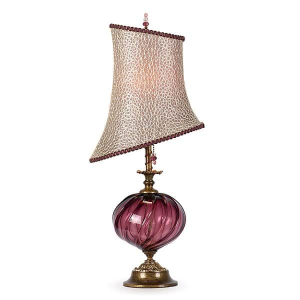 An ornate table lamp featuring a twisted, swirled purple glass body, an antiqued brass base and neck… — 3D model