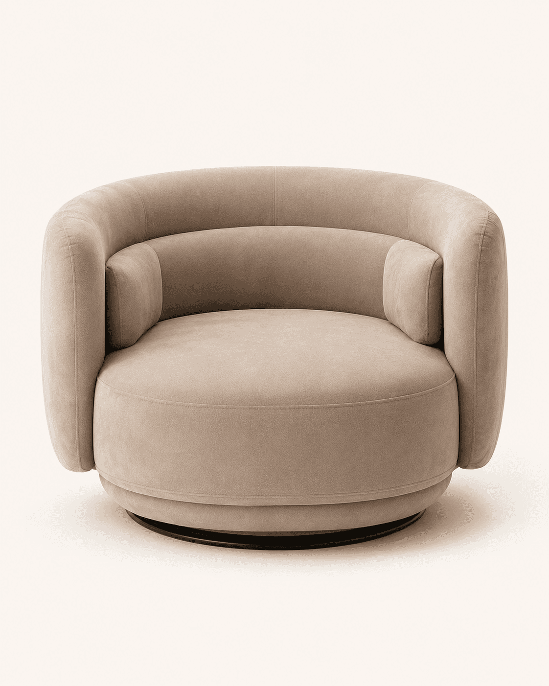 A contemporary upholstered barrel-shaped swivel lounge chair in a light beige fabric with integrated… — free OBJ 3D model