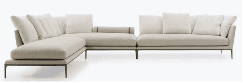 A contemporary light beige sectional sofa with a chaise lounge, supported by a minimalist black meta… — 3D model