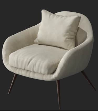 A modern upholstered club chair featuring a rounded, low-slung silhouette, a separate seat cushion,… — 3D model