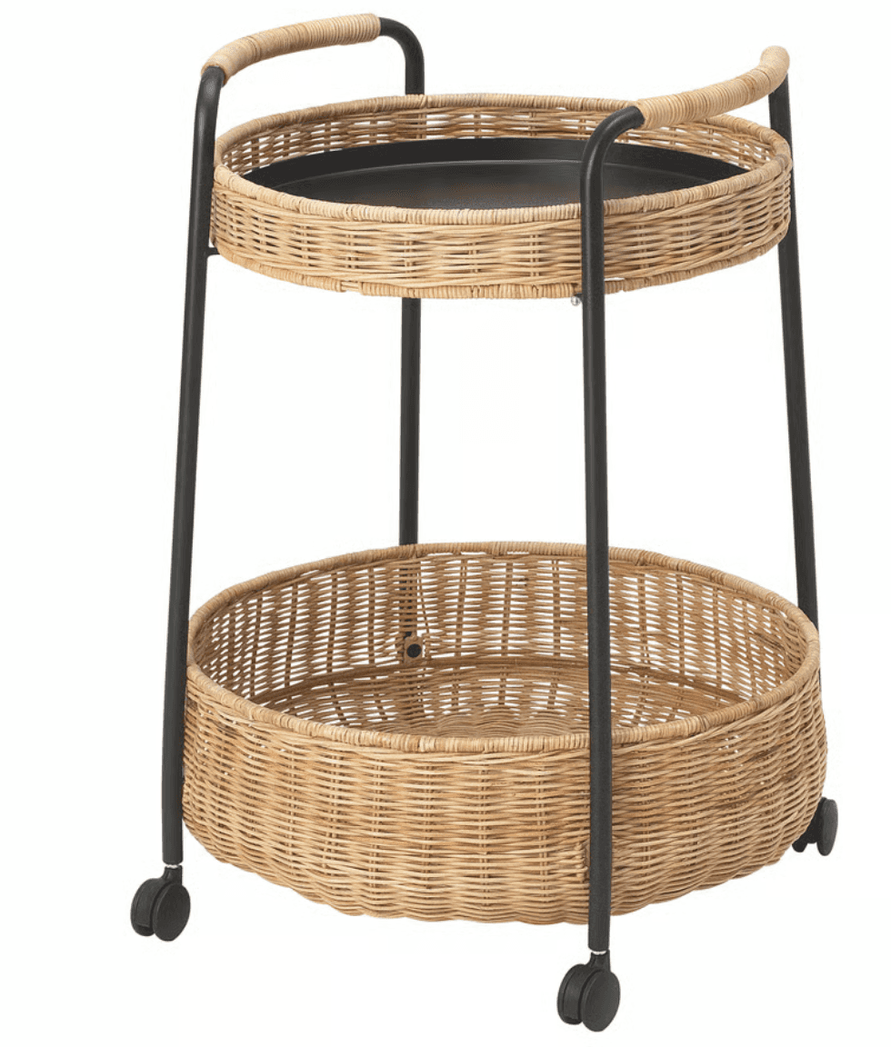 A two-tiered serving or bar cart featuring a black metal frame, two circular natural wicker woven ba… — 3D model