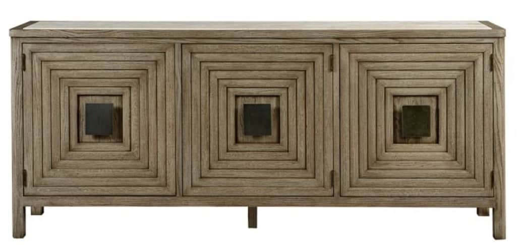 A three-door credenza with a light-colored, possibly stone or marble, top. The front features a geom… — 3D model