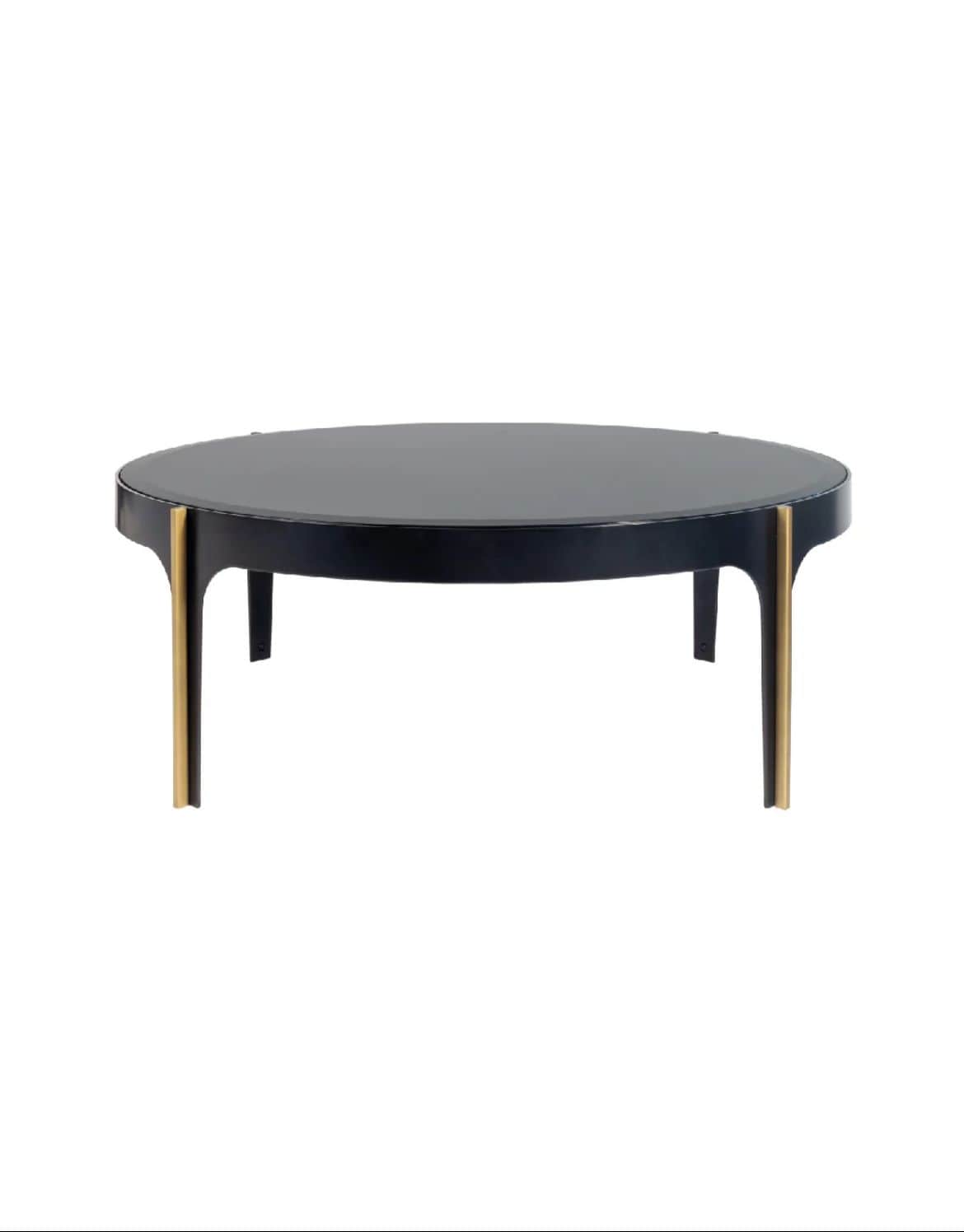A round coffee table with a dark, possibly black, glass top and a dark base. The table has four legs… — 3D model