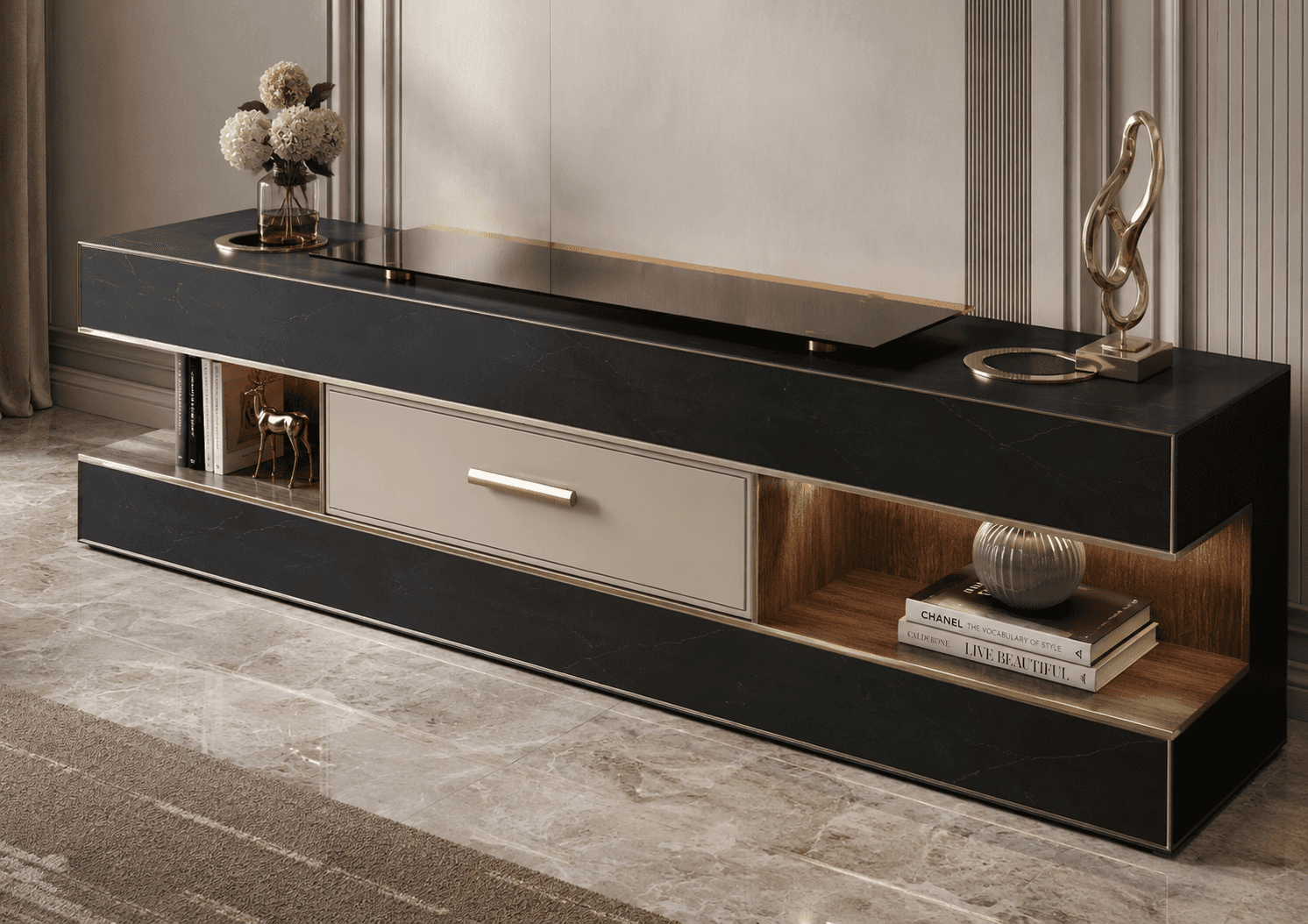 A modern, rectangular media console featuring a black faux marble top and sides, with a central ligh… — 3D model
