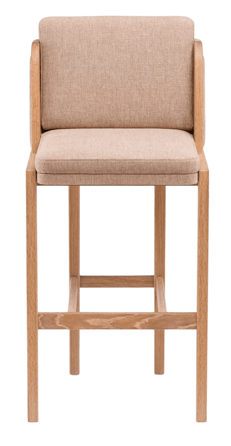 A modern bar stool with a wooden frame and upholstered seat and backrest. The stool has four straigh… — 3D model