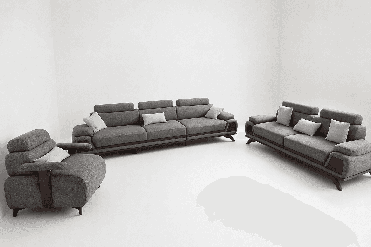 A long, multi-section sofa featuring gray fabric upholstery, adjustable headrests, and integrated da… — free GLTF 3D model
