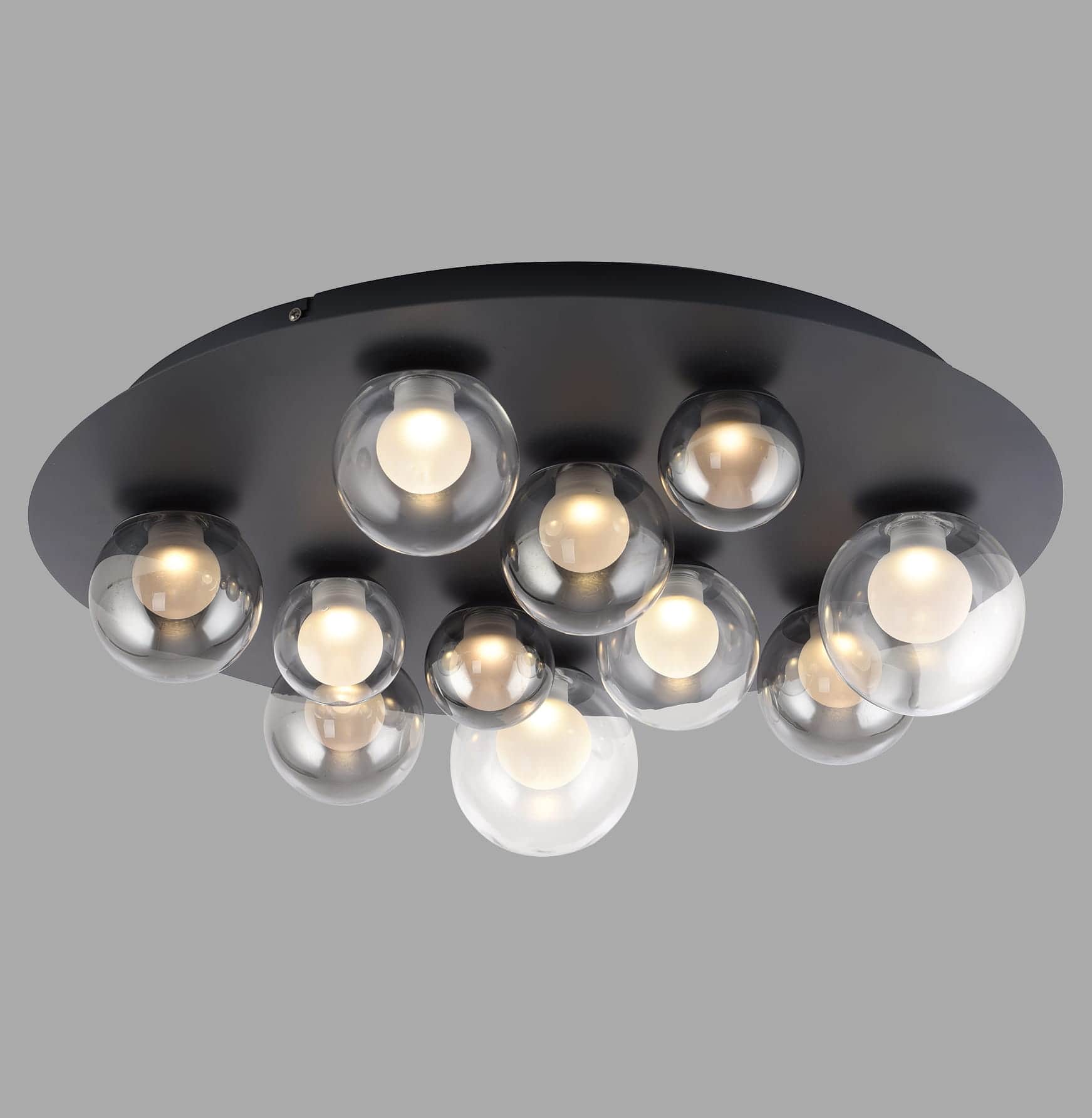 A modern semi-flush ceiling fixture featuring a circular black metal base from which ten spherical g… — 3D model