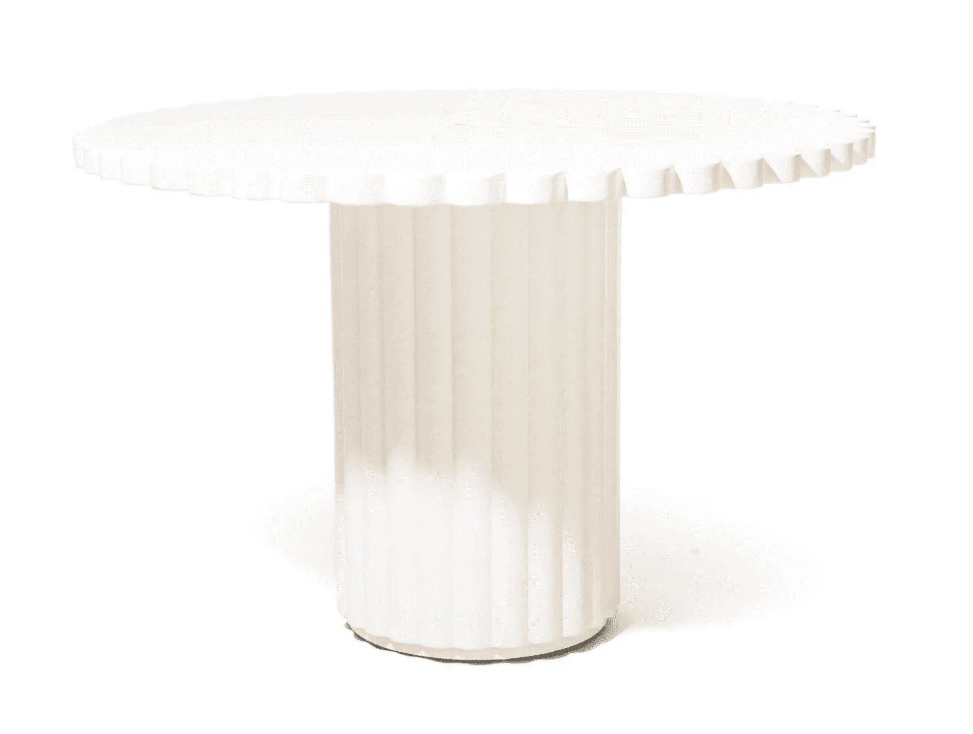 A white cylindrical pedestal table featuring a round top with a fluted edge and a matching fluted ba… — 3D model