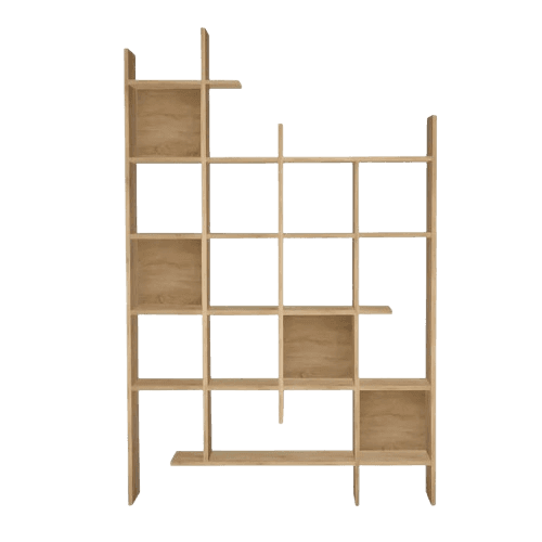 A tall, freestanding shelving unit constructed from light-toned wood, featuring an asymmetrical, ope… — 3D model