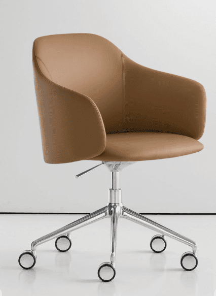 A modern tan leather swivel armchair with a polished metal five-star base and casters, featuring int… — 3D model