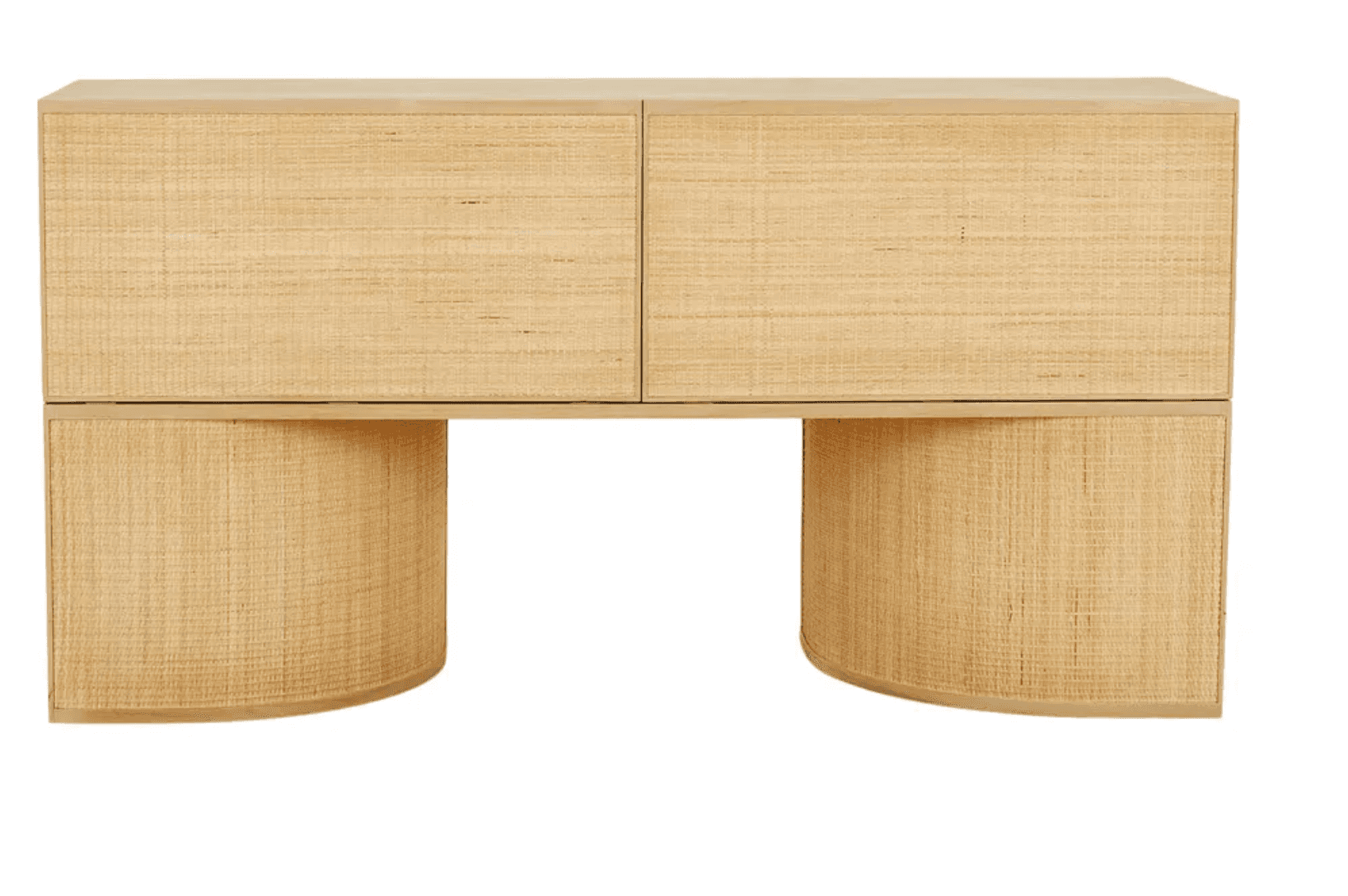 A contemporary console table featuring a rectangular top, two drawers on the front, and two curved l… — 3D model