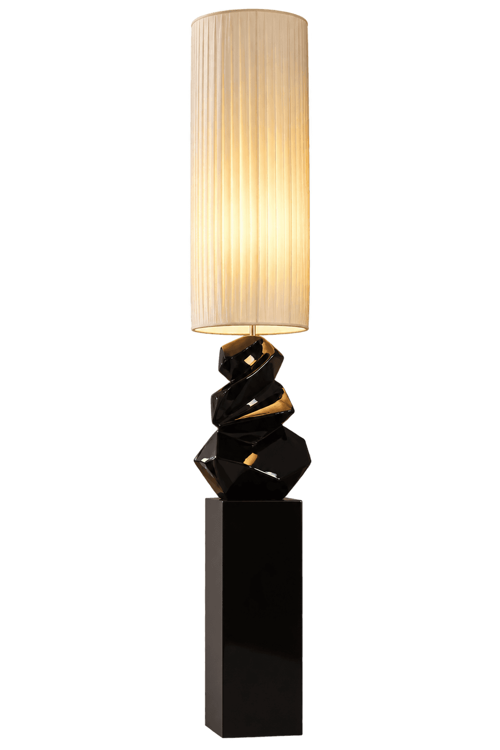 A tall, modern floor lamp featuring a cylindrical, pleated off-white fabric shade atop a striking tw… — 3D model