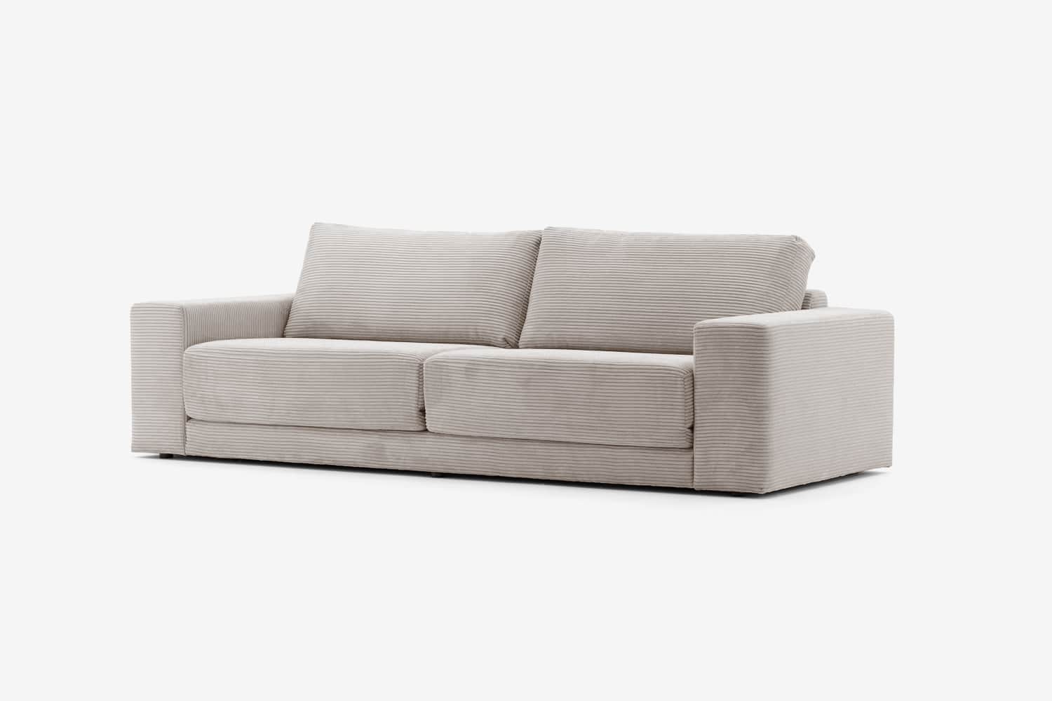 A contemporary sofa with a light neutral upholstery featuring a corduroy-like texture. It has a low… — free GLTF 3D model