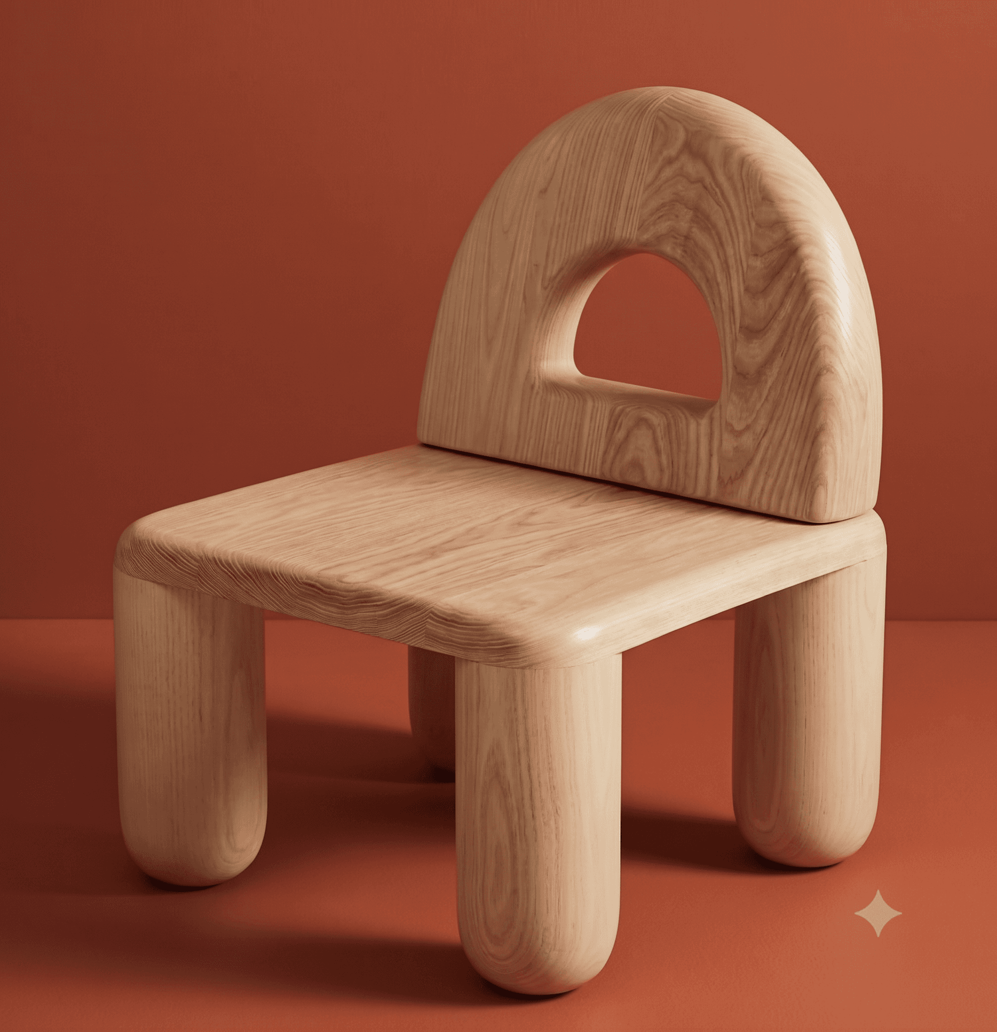 A minimalist solid wood chair featuring a distinctive arched backrest with a central cutout. It has… — 3D model