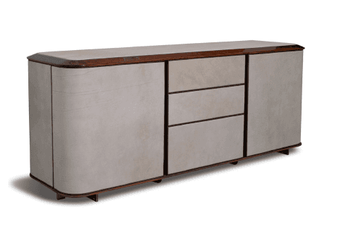 A long, low credenza or sideboard featuring a light-colored parchment-clad body with elegantly round… — 3D model