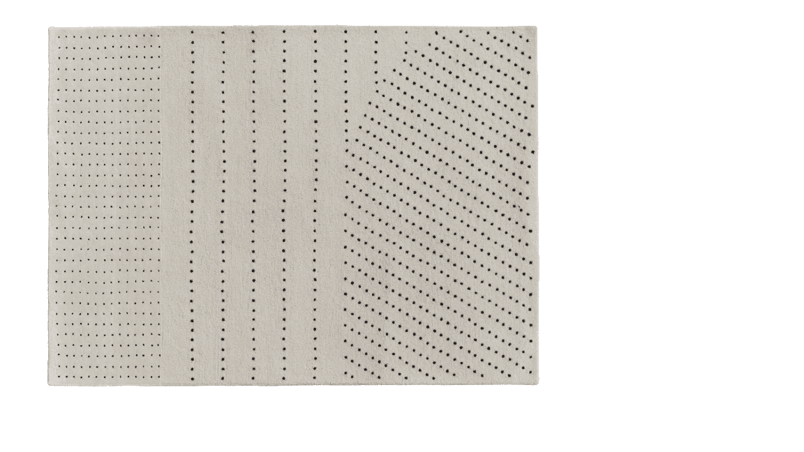 A flat woven rug with a cream-colored background and a pattern of scattered black dots. The pattern… — 3D model