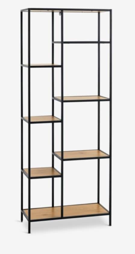 A tall, industrial-style shelving unit featuring a black metal frame and light wood-look shelves arr… — 3D model