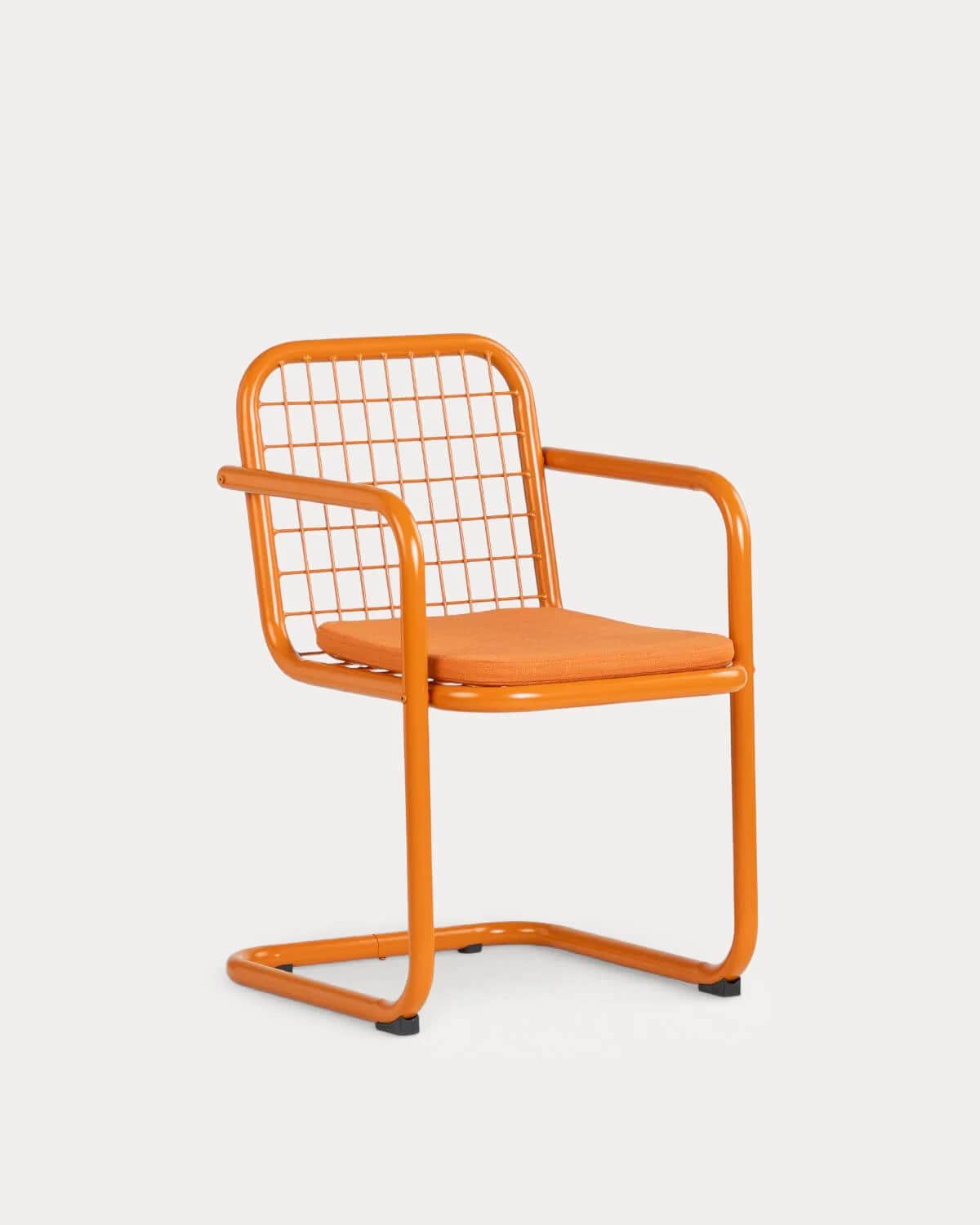 An orange cantilever armchair featuring a robust tubular metal frame and a grid-patterned backrest a… — 3D model