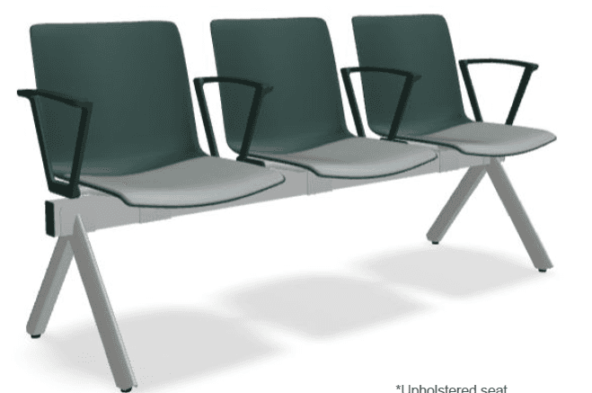 A three-seater waiting bench with a metal frame and plastic seats and backrests. Each seat has an in… — free SKP 3D model