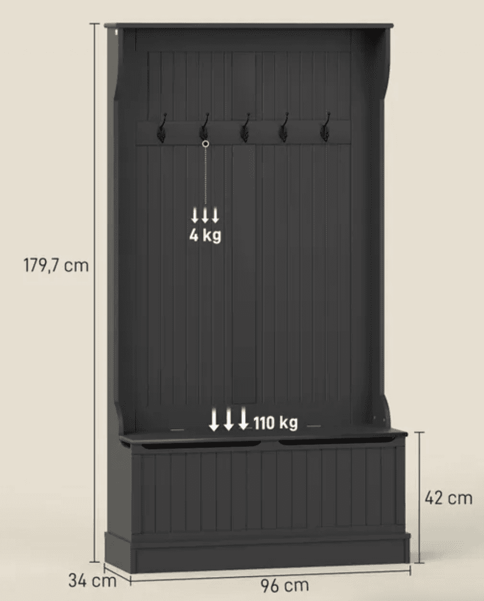 A dark grey, traditional-style hall tree featuring a tall, paneled back with five double-pronged met… — 3D model