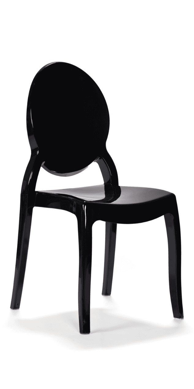A modern, molded plastic chair with a high-gloss black finish. It features a round, disc-shaped back… — free FBX 3D model