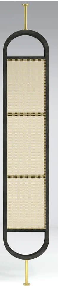 A tall, elongated room divider with a dark, matte-finished wooden frame. The frame has a rounded top… — free BLEND 3D model