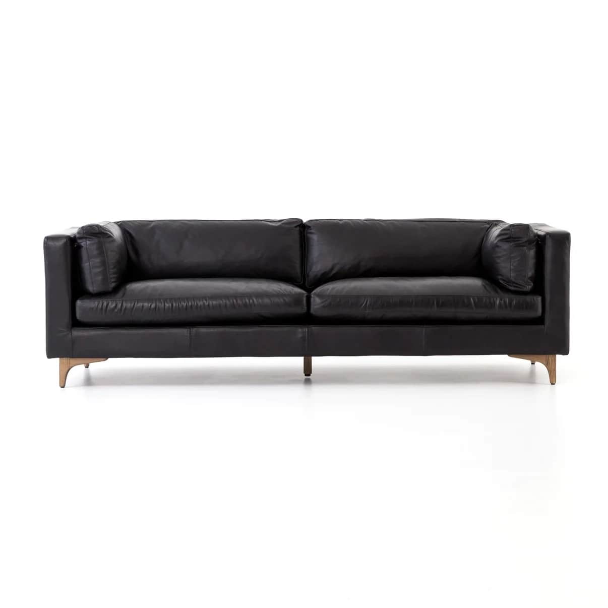 A contemporary three-seater sofa upholstered in black leather, featuring a clean-lined square arm de… — 3D model