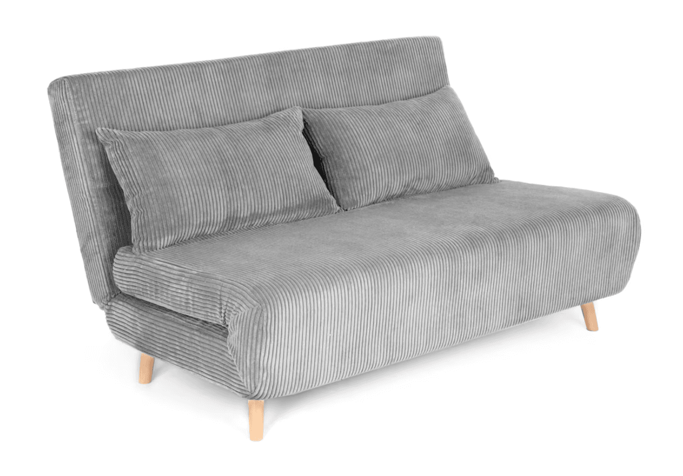 A modern grey corduroy sofa bed with an armless design, featuring a ribbed textile texture, two loos… — 3D model