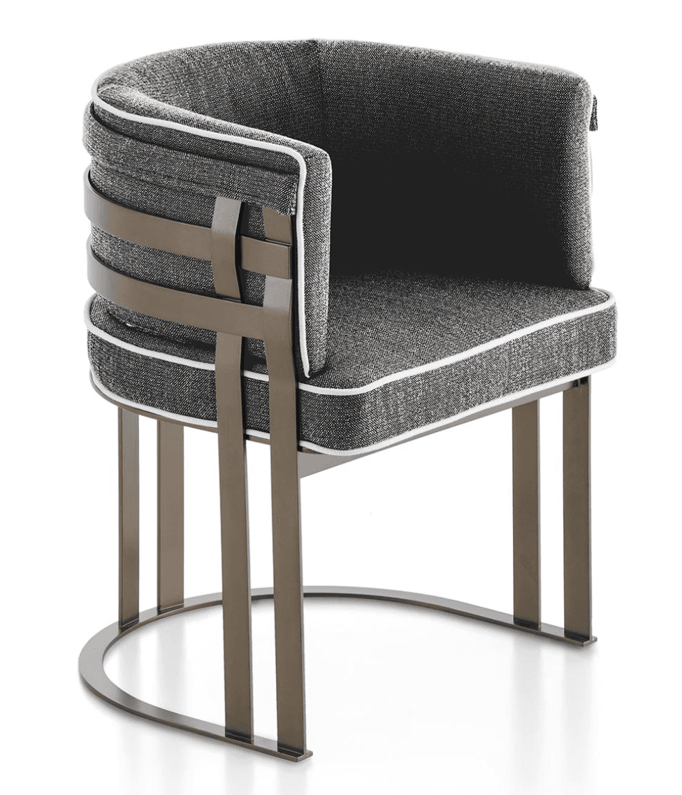 A modern armchair with a curved backrest and seat, upholstered in a textured dark grey fabric with w… — free OBJ 3D model