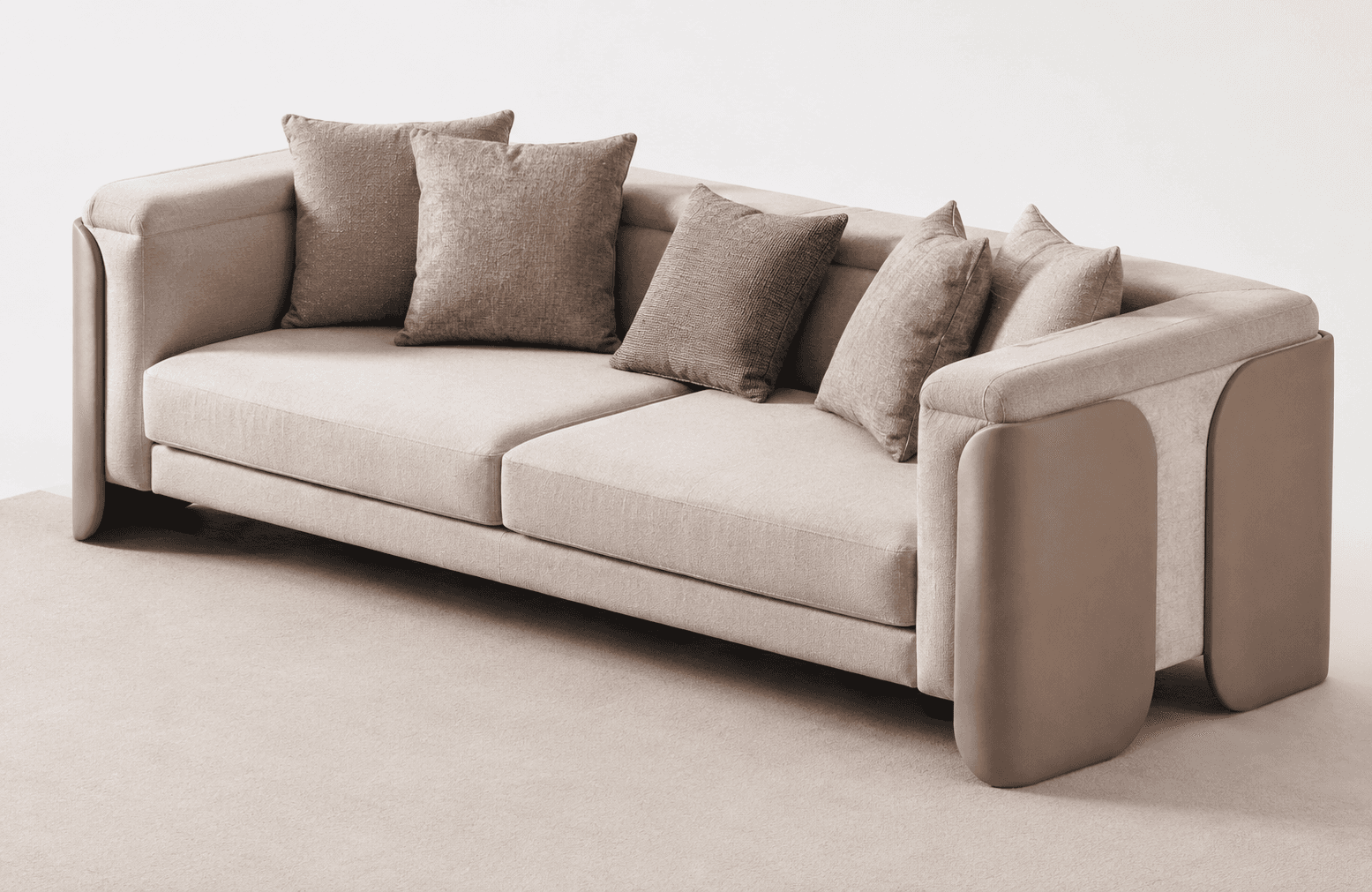A contemporary two-seat sofa featuring light beige fabric upholstery and distinctive padded armrests… — free GLTF 3D model