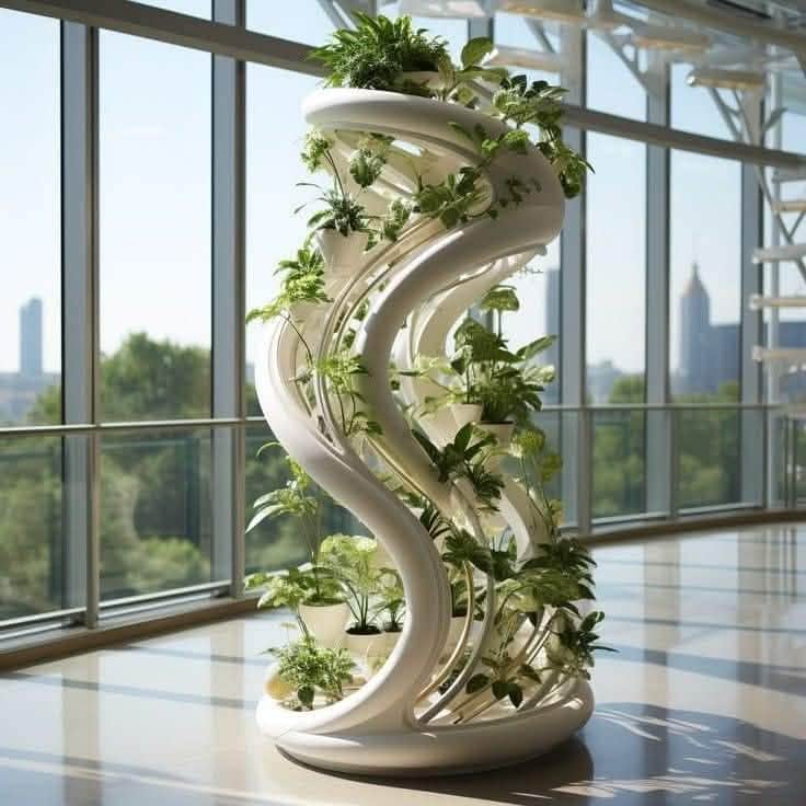 A freestanding modern vertical garden featuring a striking white spiral structure with multiple inte… — 3D model