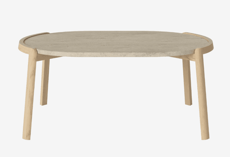 A coffee table with an oval-shaped top and four tapered legs. The tabletop appears to be made of a s… — 3D model