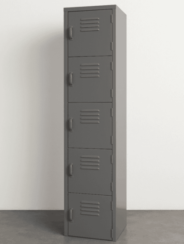 A tall, slender, five-compartment industrial locker cabinet made of gray metal. Each compartment has… — 3D model
