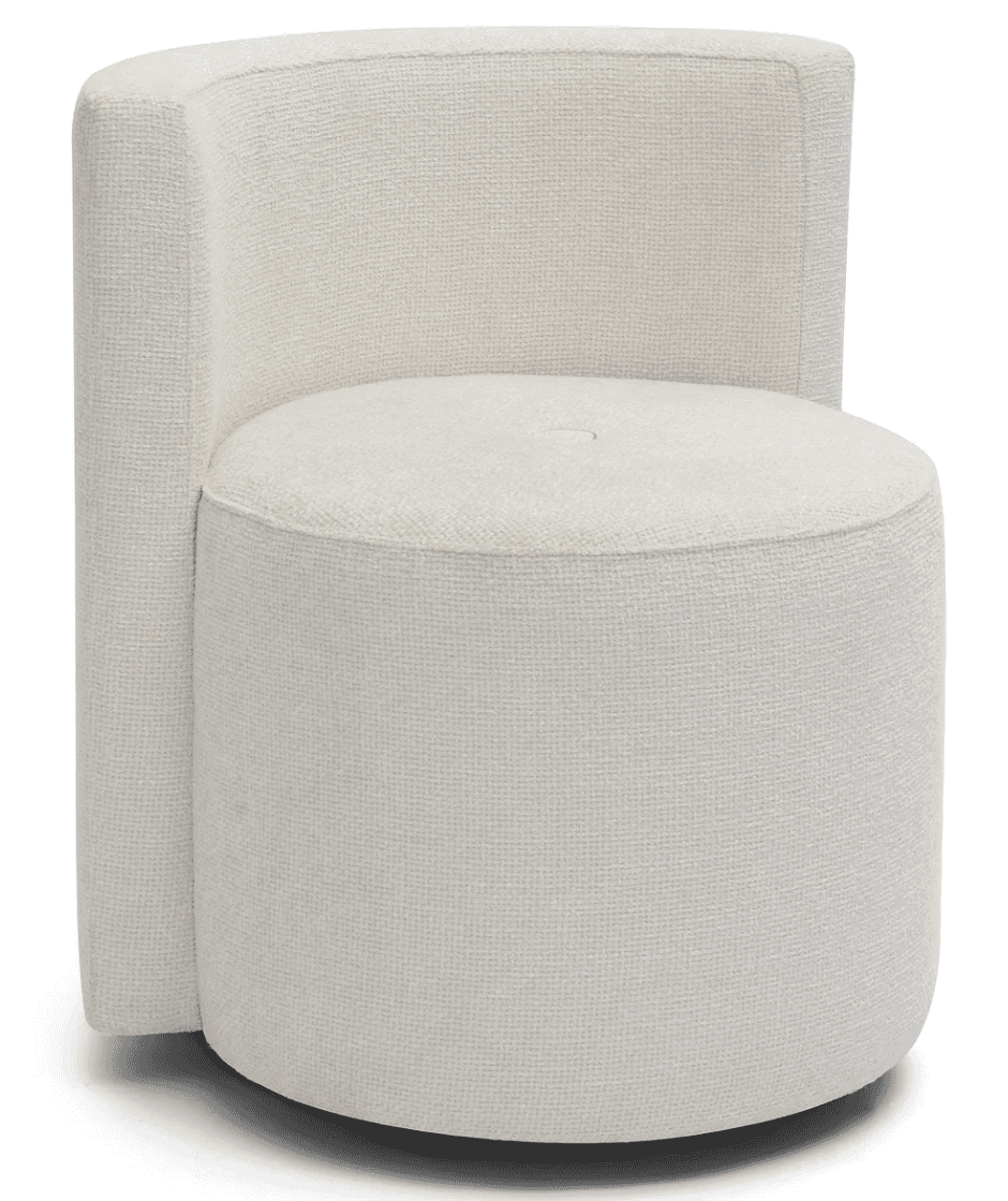 A modern, rounded armchair upholstered in a textured, cream-colored fabric with a cylindrical base,… — 3D model