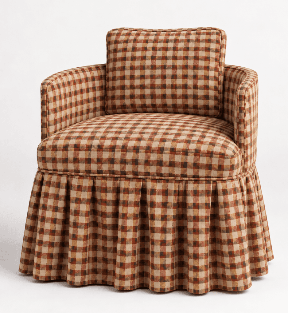 An upholstered barrel armchair featuring a rounded back, integrated rolled arms, and a full pleated… — 3D model