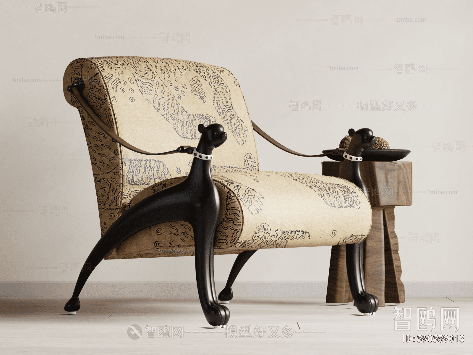 An ornate armchair featuring a padded seat and backrest upholstered in a light-colored fabric with a… — 3D model
