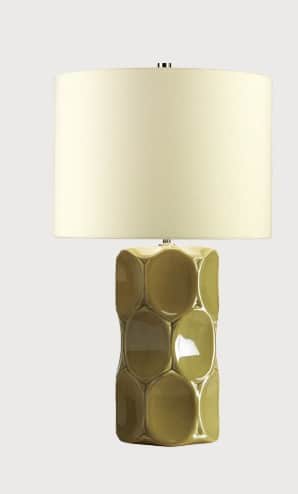 A contemporary table lamp featuring a tall, cylindrical ceramic base with a glossy olive green glaze… — 3D model