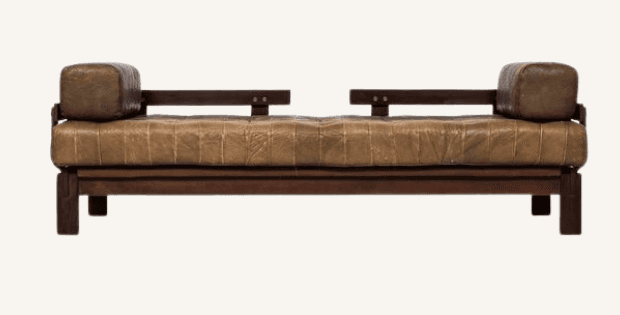 A mid-century style daybed featuring a dark-stained exposed wooden frame and a tufted brown leather… — 3D model