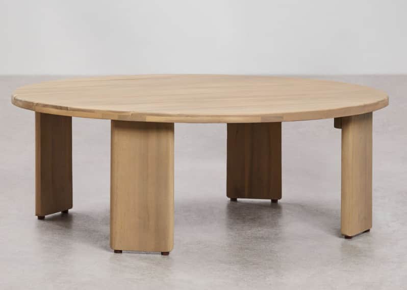A round, light-colored wooden coffee table featuring a top constructed from multiple planks and supp… — 3D model