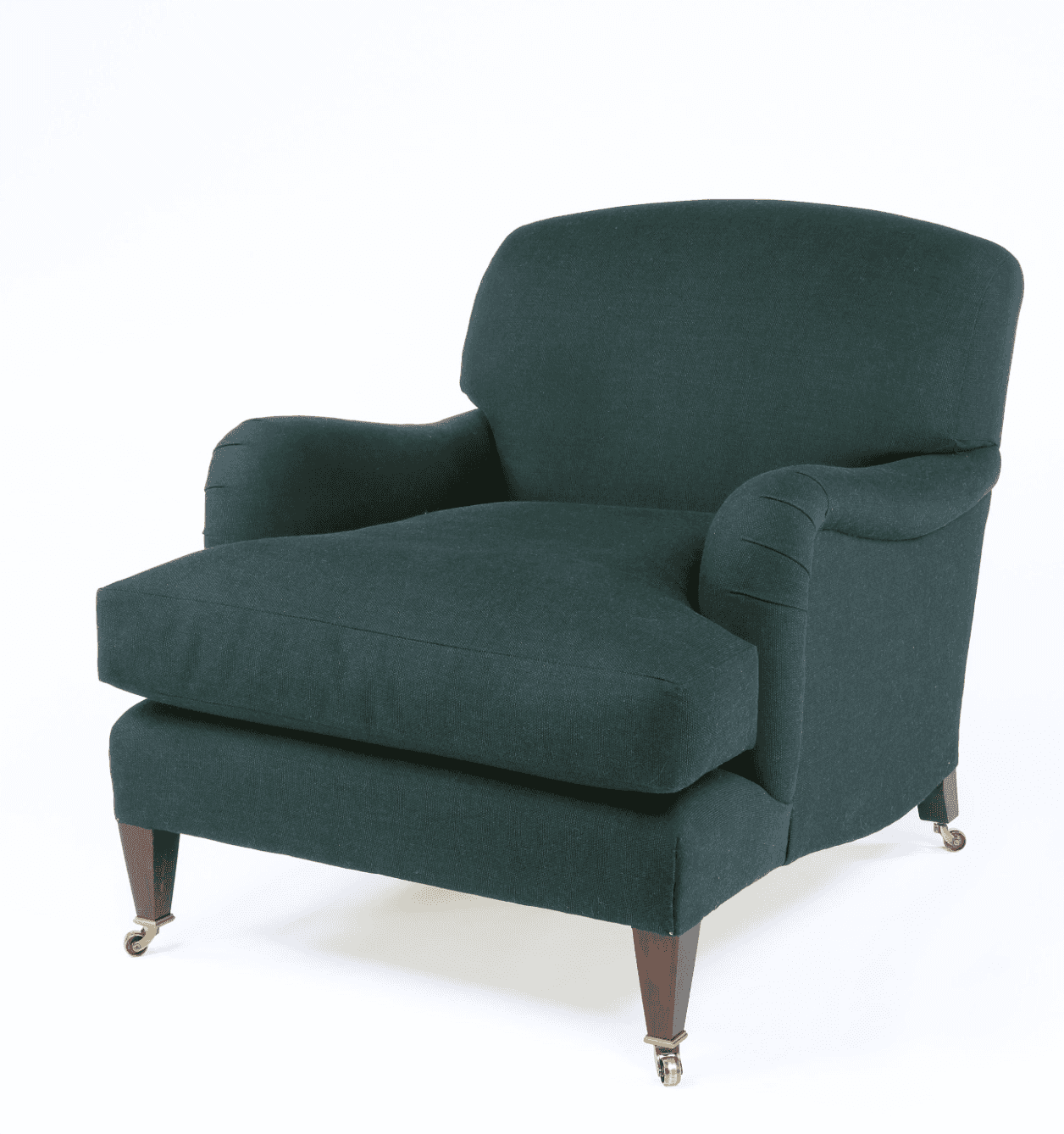 A deep green upholstered armchair with a curved back and rolled arms. It features a loose seat cushi… — 3D model