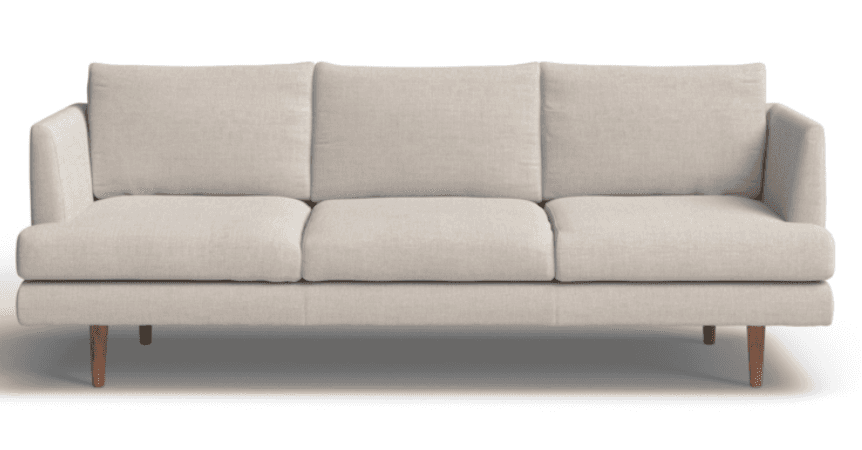 A full-front view of a contemporary three-seater sofa upholstered in a light beige, textured fabric.… — 3D model