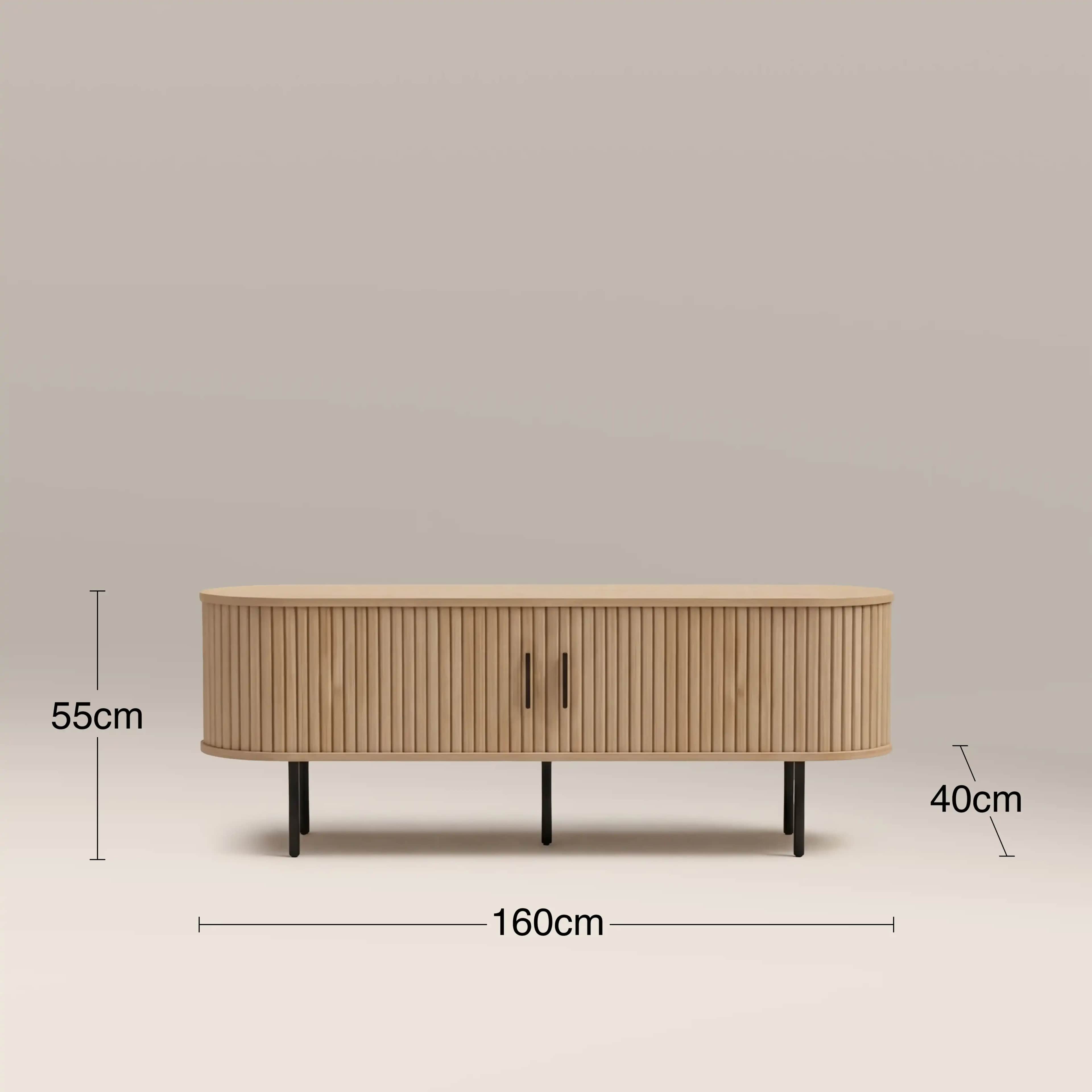 A modern low-profile media console or sideboard cabinet, featuring a natural light wood finish with… — 3D model