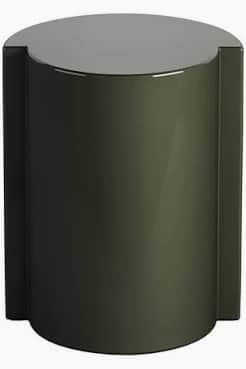 A cylindrical end table with a flat top and a dark green, glossy finish. The base features two cut-o… — 3D model