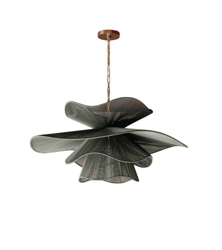 A contemporary chandelier featuring a multi-tiered, undulating shade crafted from fine, dark mesh or… — 3D model
