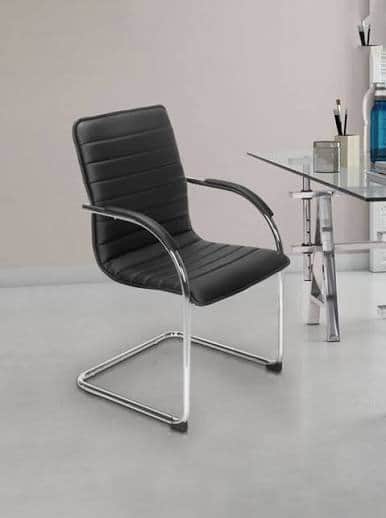 A modern sled-base office guest chair featuring black ribbed upholstery and a polished chrome-plated… — 3D model