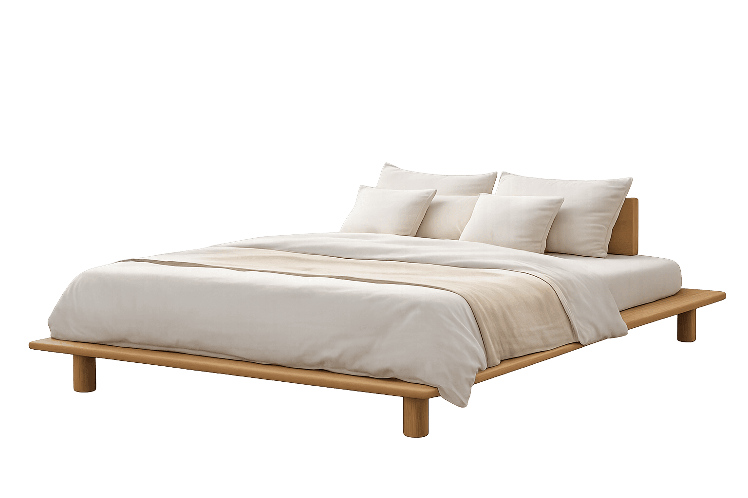 A low-profile platform bed frame constructed from light-colored wood, featuring a slatted base and m… — 3D model