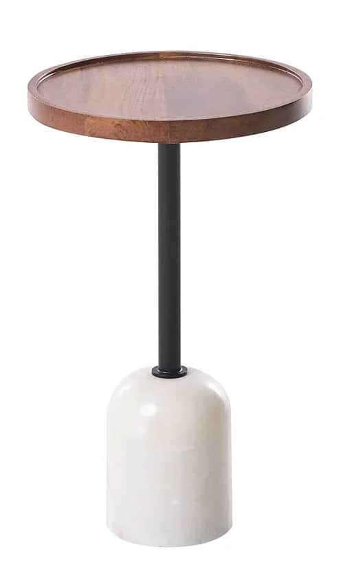 A small, round accent table featuring a dark wood tray top, a slender black metal post, and a heavy,… — 3D model