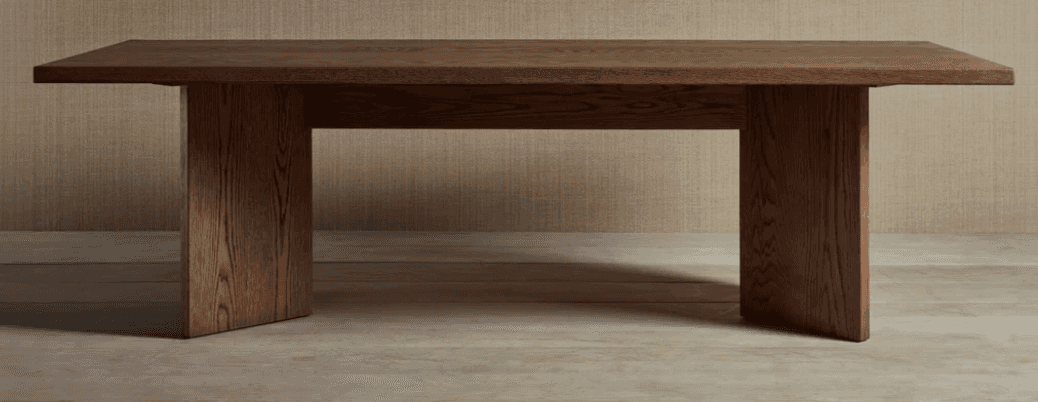A rectangular, dark brown wooden bench featuring a thick, solid top and two sturdy, block-like legs.… — 3D model
