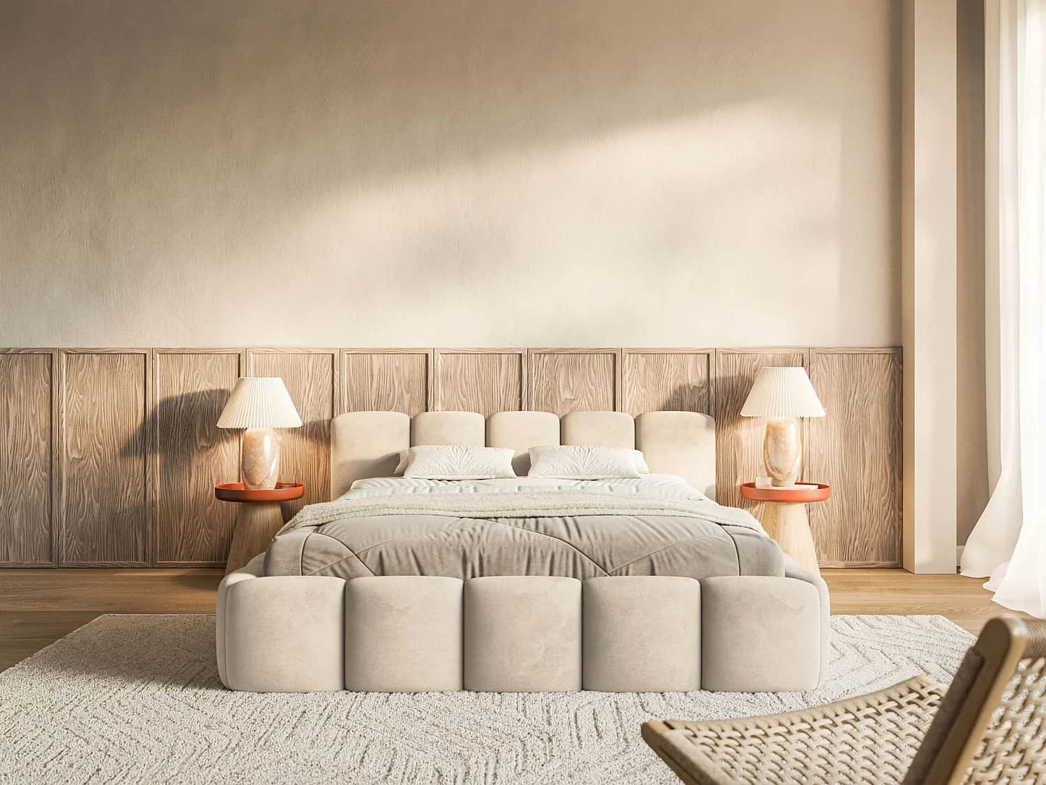 A contemporary platform bed features a plush, segmented design across its headboard and base, creati… — 3D model